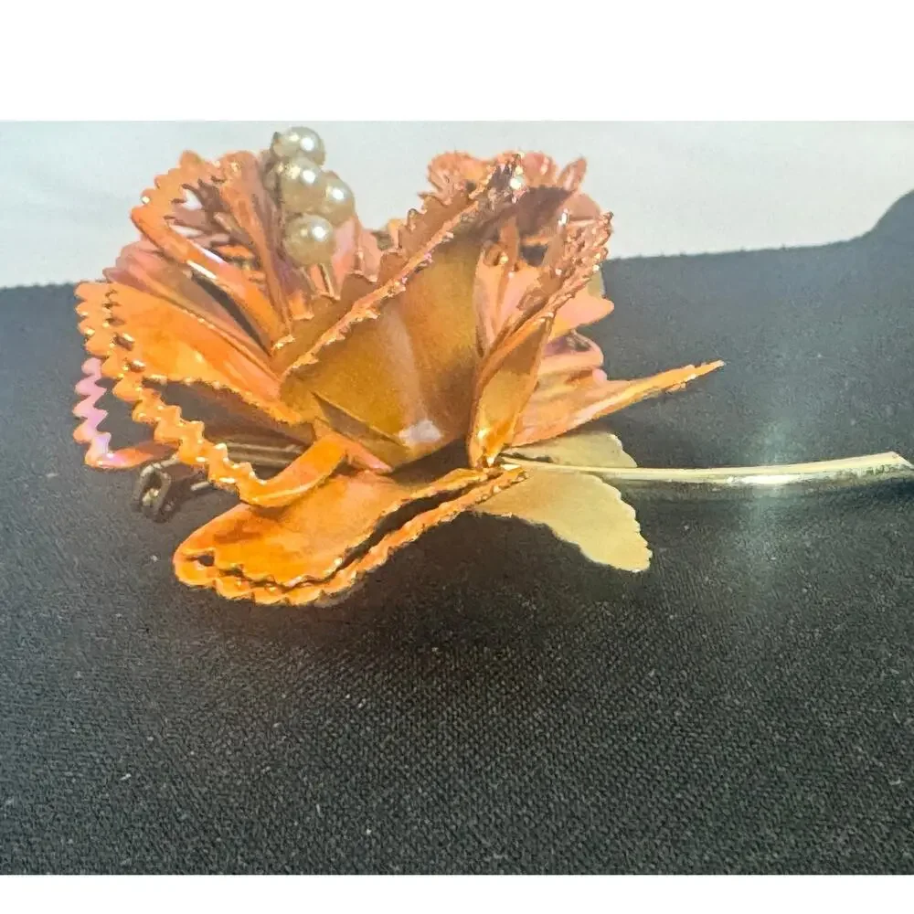 Vintage Pakula Orange Carnation Flower Brooch & Earrings set‎ 1960, MCM